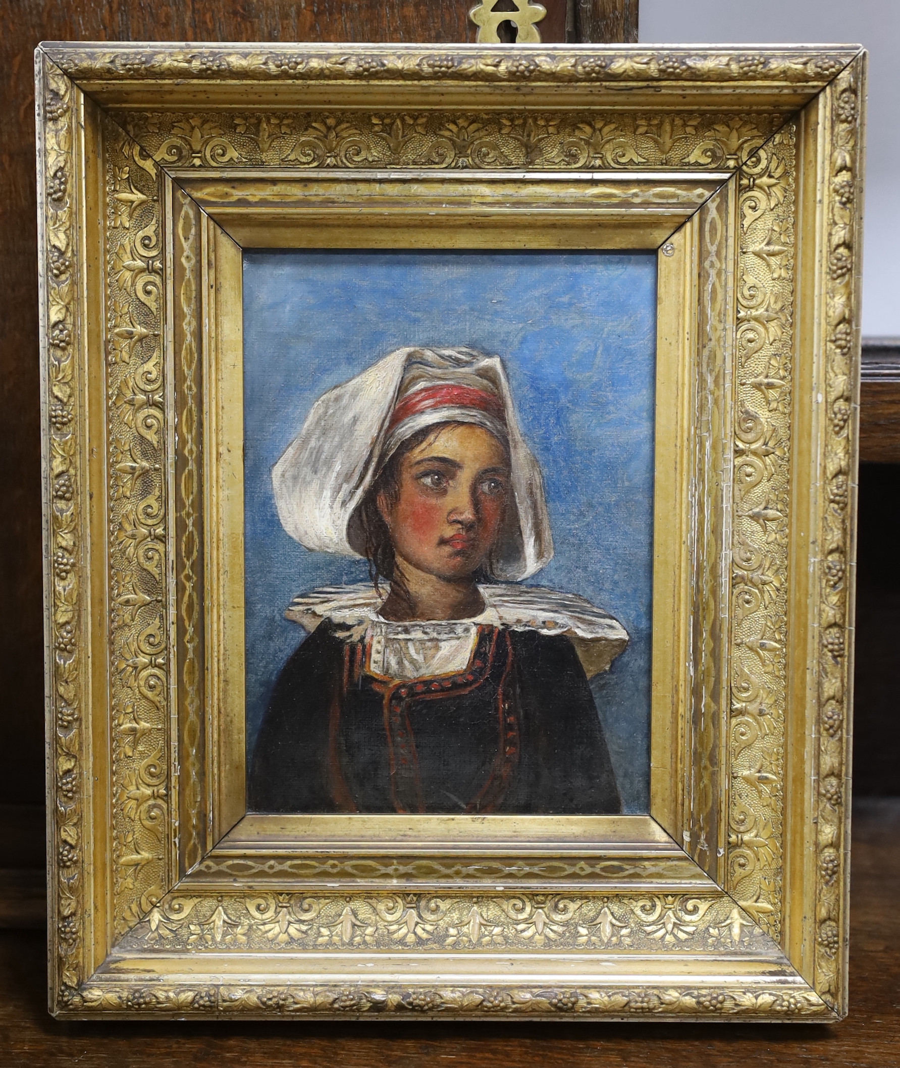 Middle Eastern School, oil on canvas, Portrait of a young girl wearing traditional dress, c.1900, 19 x 14cm, ornate gilt framed